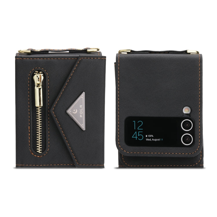 For Samsung Galaxy Z Flip4 POLA Skin Feel Multi-Card Slots Zipper Wallet Phone Case(Black)