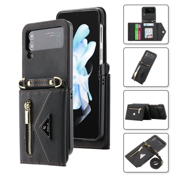 Pour Samsung Galaxy Z Flip3 POLA Étui de téléphone portefeuille à fermeture éclair multi-cartes avec sensation de peau (noir)