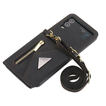 Pour Samsung Galaxy Z Flip3 POLA Étui de téléphone portefeuille à fermeture éclair multi-cartes avec sensation de peau (noir)