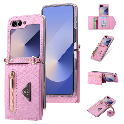 For Samsung Galaxy Z Flip6 POLA Grid Texture Multi-Card Slots Zipper Wallet Phone Case(Pink)