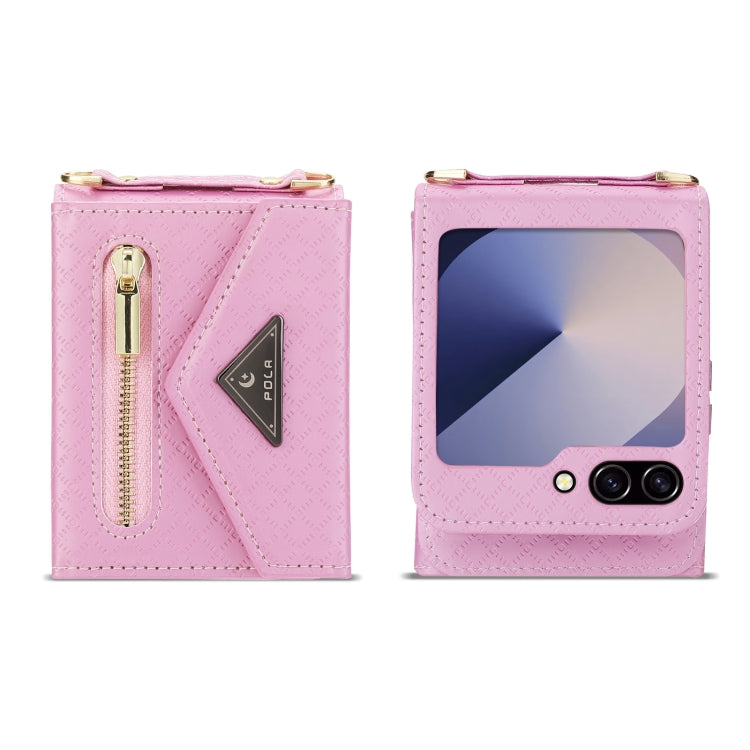 For Samsung Galaxy Z Flip6 POLA Grid Texture Multi-Card Slots Zipper Wallet Phone Case(Pink)