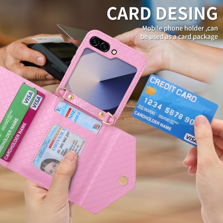 For Samsung Galaxy Z Flip6 POLA Grid Texture Multi-Card Slots Zipper Wallet Phone Case(Pink)