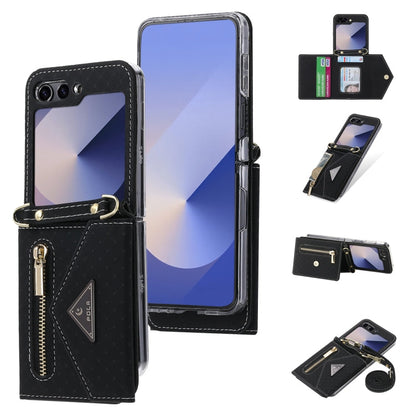 For Samsung Galaxy Z Flip6 POLA Grid Texture Multi-Card Slots Zipper Wallet Phone Case(Black)
