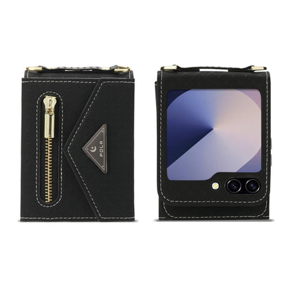 For Samsung Galaxy Z Flip6 POLA Grid Texture Multi-Card Slots Zipper Wallet Phone Case(Black)