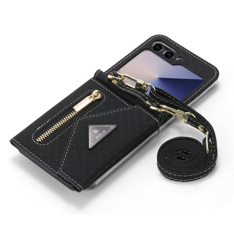 For Samsung Galaxy Z Flip6 POLA Grid Texture Multi-Card Slots Zipper Wallet Phone Case(Black)