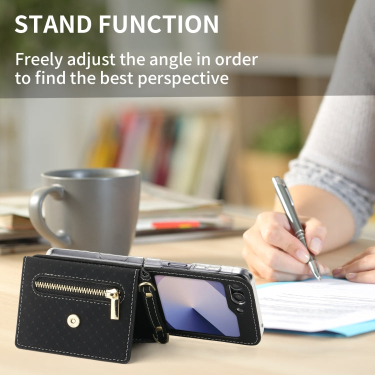 For Samsung Galaxy Z Flip6 POLA Grid Texture Multi-Card Slots Zipper Wallet Phone Case(Black)