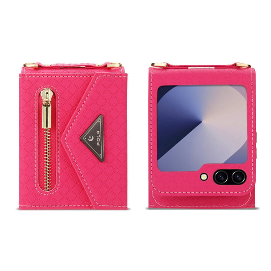 For Samsung Galaxy Z Flip6 POLA Grid Texture Multi-Card Slots Zipper Wallet Phone Case(Rose Red)