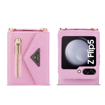 For Samsung Galaxy Z Flip5 POLA Grid Texture Multi-Card Slots Zipper Wallet Phone Case(Pink)