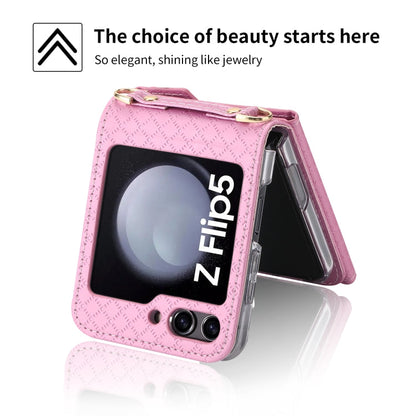 For Samsung Galaxy Z Flip5 POLA Grid Texture Multi-Card Slots Zipper Wallet Phone Case(Pink)