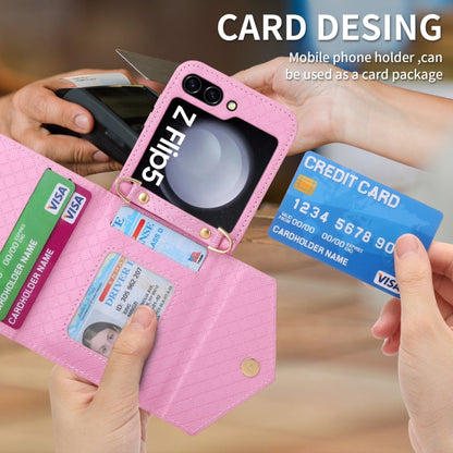 For Samsung Galaxy Z Flip5 POLA Grid Texture Multi-Card Slots Zipper Wallet Phone Case(Pink)