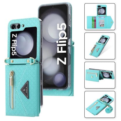 For Samsung Galaxy Z Flip5 POLA Grid Texture Multi-Card Slots Zipper Wallet Phone Case(Blue)