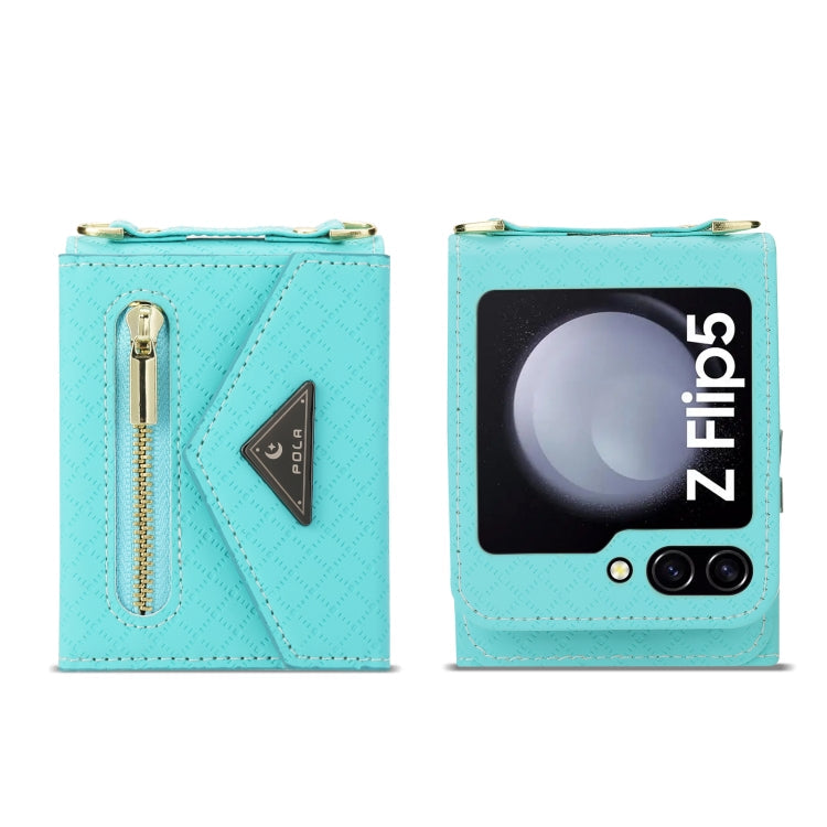 For Samsung Galaxy Z Flip5 POLA Grid Texture Multi-Card Slots Zipper Wallet Phone Case(Blue)