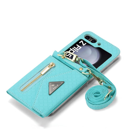 For Samsung Galaxy Z Flip5 POLA Grid Texture Multi-Card Slots Zipper Wallet Phone Case(Blue)