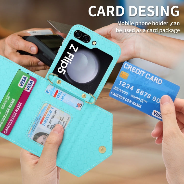 For Samsung Galaxy Z Flip5 POLA Grid Texture Multi-Card Slots Zipper Wallet Phone Case(Blue)