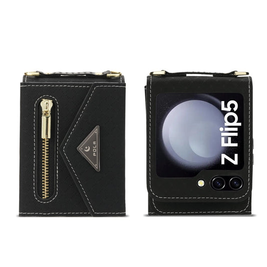 For Samsung Galaxy Z Flip5 POLA Grid Texture Multi-Card Slots Zipper Wallet Phone Case(Black)