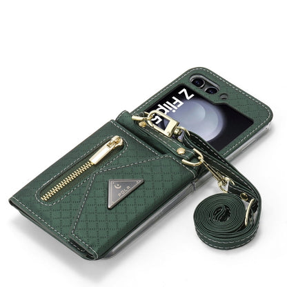 For Samsung Galaxy Z Flip5 POLA Grid Texture Multi-Card Slots Zipper Wallet Phone Case(Green)