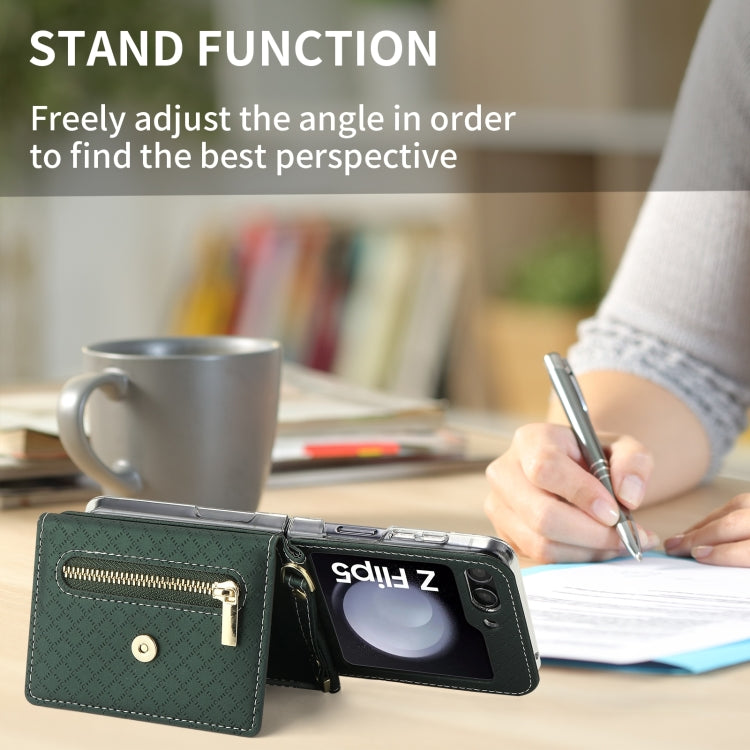 For Samsung Galaxy Z Flip5 POLA Grid Texture Multi-Card Slots Zipper Wallet Phone Case(Green)