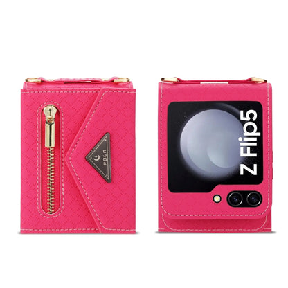 For Samsung Galaxy Z Flip5 POLA Grid Texture Multi-Card Slots Zipper Wallet Phone Case(Rose Red)