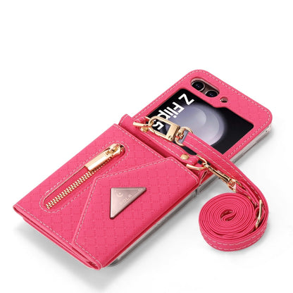 For Samsung Galaxy Z Flip5 POLA Grid Texture Multi-Card Slots Zipper Wallet Phone Case(Rose Red)