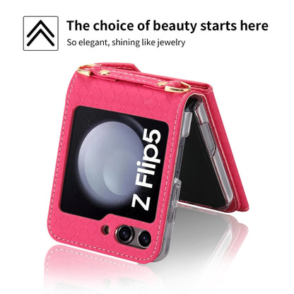 For Samsung Galaxy Z Flip5 POLA Grid Texture Multi-Card Slots Zipper Wallet Phone Case(Rose Red)