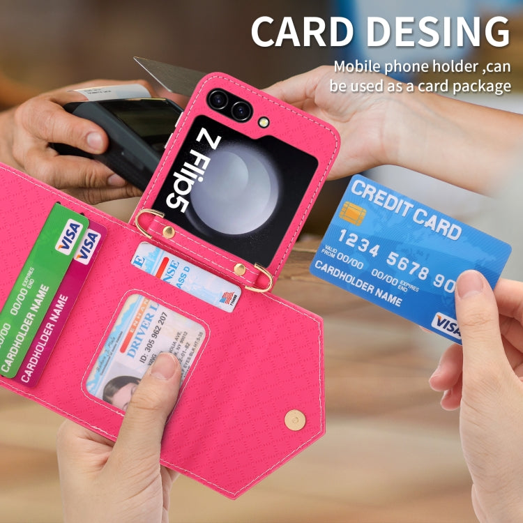 For Samsung Galaxy Z Flip5 POLA Grid Texture Multi-Card Slots Zipper Wallet Phone Case(Rose Red)