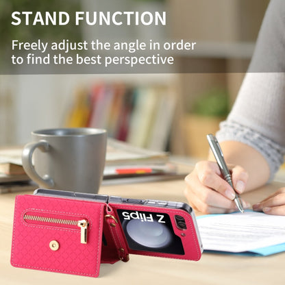 For Samsung Galaxy Z Flip5 POLA Grid Texture Multi-Card Slots Zipper Wallet Phone Case(Rose Red)