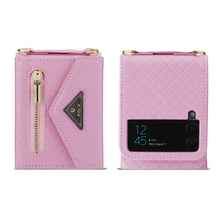 For Samsung Galaxy Z Flip4 POLA Grid Texture Multi-Card Slots Zipper Wallet Phone Case(Pink)