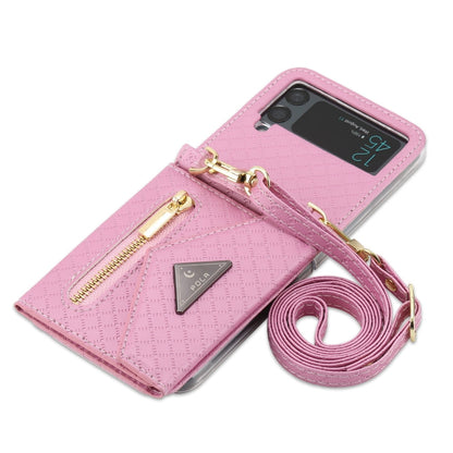 For Samsung Galaxy Z Flip4 POLA Grid Texture Multi-Card Slots Zipper Wallet Phone Case(Pink)