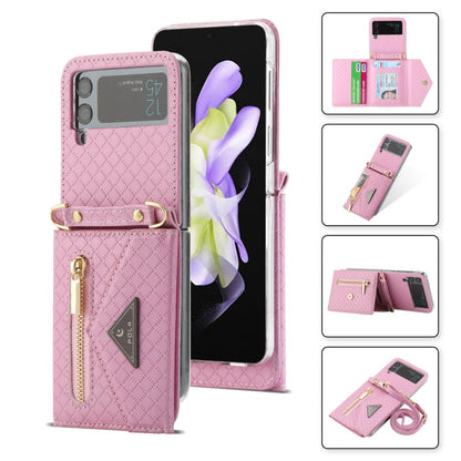 For Samsung Galaxy Z Flip3 5G POLA Grid Texture Multi-Card Slots Zipper Wallet Phone Case(Pink)