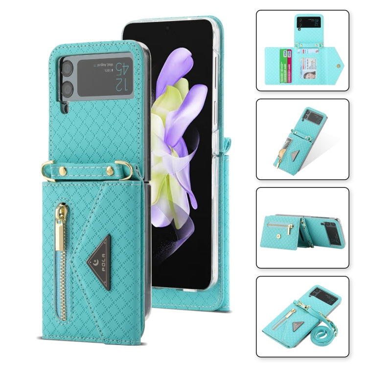 For Samsung Galaxy Z Flip3 5G POLA Grid Texture Multi-Card Slots Zipper Wallet Phone Case(Blue)