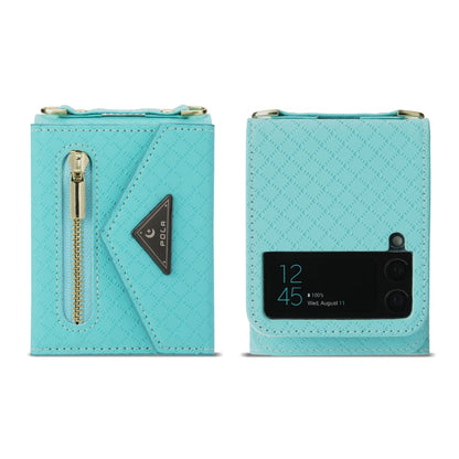 For Samsung Galaxy Z Flip3 5G POLA Grid Texture Multi-Card Slots Zipper Wallet Phone Case(Blue)
