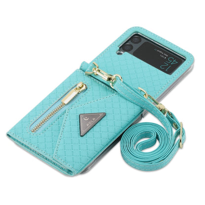 For Samsung Galaxy Z Flip3 5G POLA Grid Texture Multi-Card Slots Zipper Wallet Phone Case(Blue)