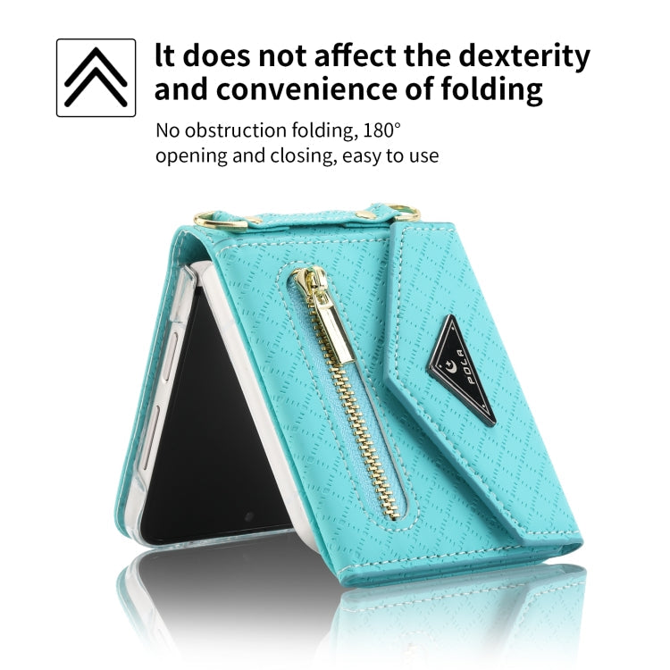 For Samsung Galaxy Z Flip3 5G POLA Grid Texture Multi-Card Slots Zipper Wallet Phone Case(Blue)