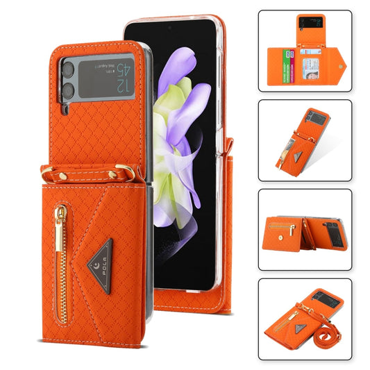 For Samsung Galaxy Z Flip3 5G POLA Grid Texture Multi-Card Slots Zipper Wallet Phone Case(Orange)