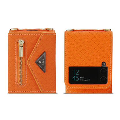 Pour Samsung Galaxy Z Flip3 5G Étui de téléphone à rabat avec texture quadrillée POLA, emplacements pour cartes multiples et fermeture éclair (orange)