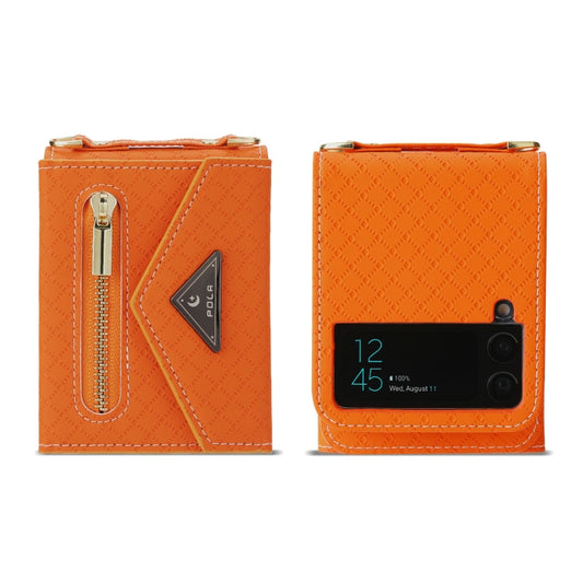 For Samsung Galaxy Z Flip3 5G POLA Grid Texture Multi-Card Slots Zipper Wallet Phone Case(Orange)
