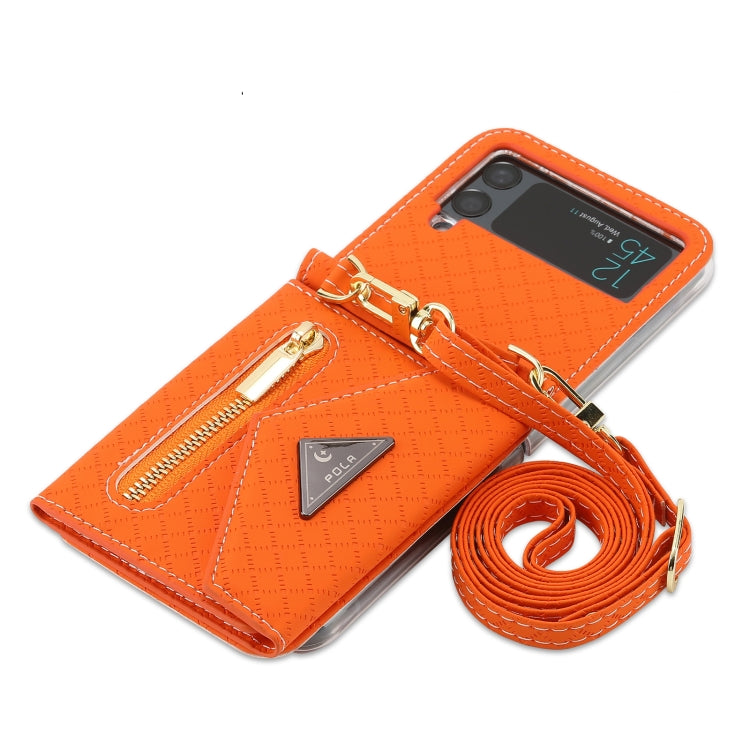 Pour Samsung Galaxy Z Flip3 5G Étui de téléphone à rabat avec texture quadrillée POLA, emplacements pour cartes multiples et fermeture éclair (orange)