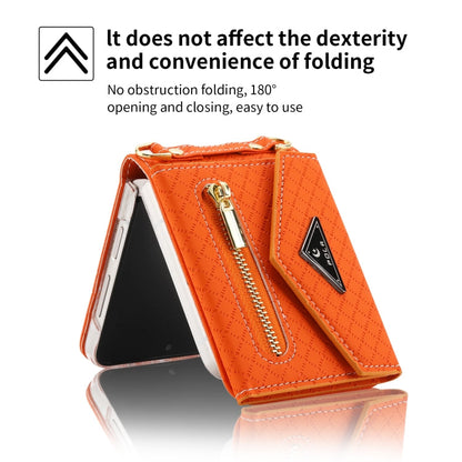 Pour Samsung Galaxy Z Flip3 5G Étui de téléphone à rabat avec texture quadrillée POLA, emplacements pour cartes multiples et fermeture éclair (orange)