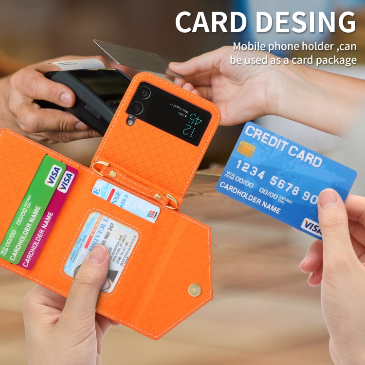 Pour Samsung Galaxy Z Flip3 5G Étui de téléphone à rabat avec texture quadrillée POLA, emplacements pour cartes multiples et fermeture éclair (orange)