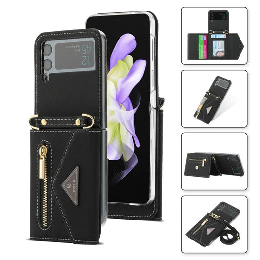 For Samsung Galaxy Z Flip3 5G POLA Grid Texture Multi-Card Slots Zipper Wallet Phone Case(Black)