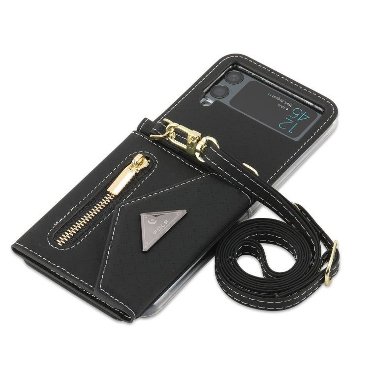 For Samsung Galaxy Z Flip3 5G POLA Grid Texture Multi-Card Slots Zipper Wallet Phone Case(Black)