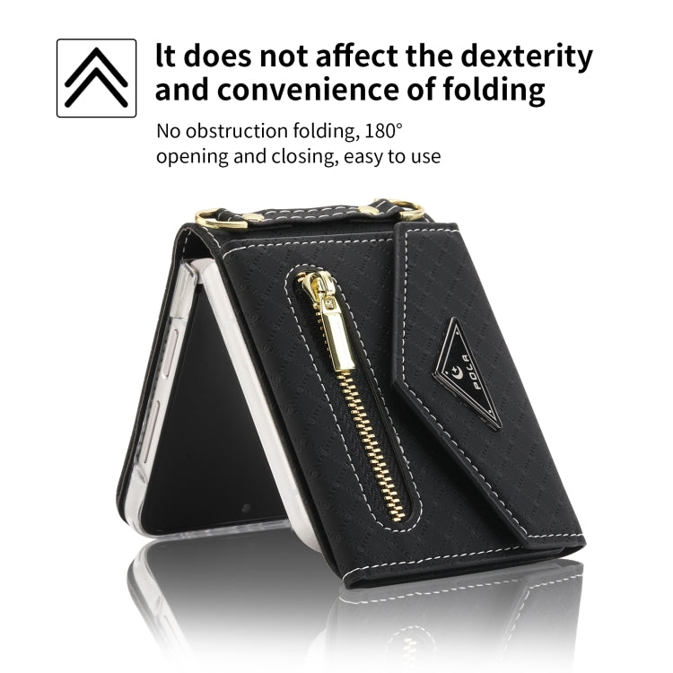 For Samsung Galaxy Z Flip3 5G POLA Grid Texture Multi-Card Slots Zipper Wallet Phone Case(Black)