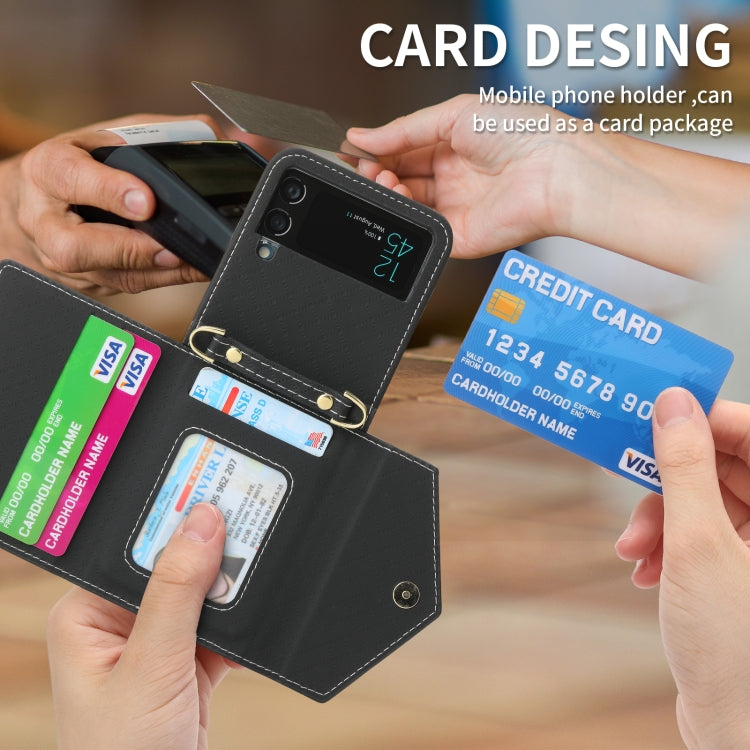 For Samsung Galaxy Z Flip3 5G POLA Grid Texture Multi-Card Slots Zipper Wallet Phone Case(Black)