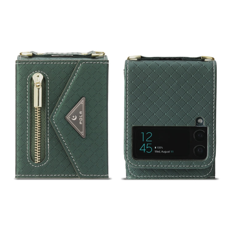For Samsung Galaxy Z Flip3 5G POLA Grid Texture Multi-Card Slots Zipper Wallet Phone Case(Green)