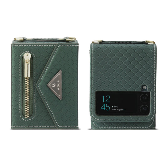 For Samsung Galaxy Z Flip3 5G POLA Grid Texture Multi-Card Slots Zipper Wallet Phone Case(Green)