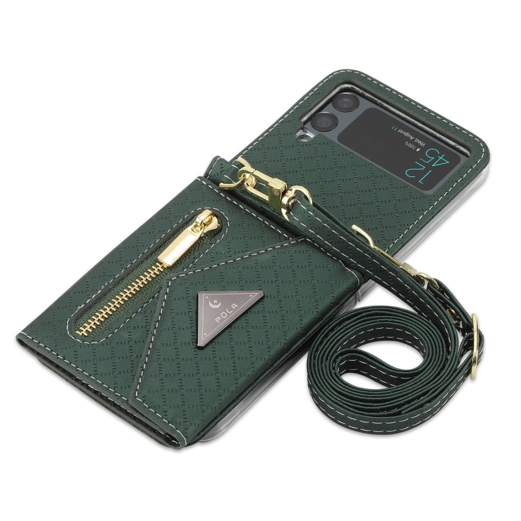 For Samsung Galaxy Z Flip3 5G POLA Grid Texture Multi-Card Slots Zipper Wallet Phone Case(Green)