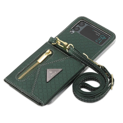 For Samsung Galaxy Z Flip3 5G POLA Grid Texture Multi-Card Slots Zipper Wallet Phone Case(Green)