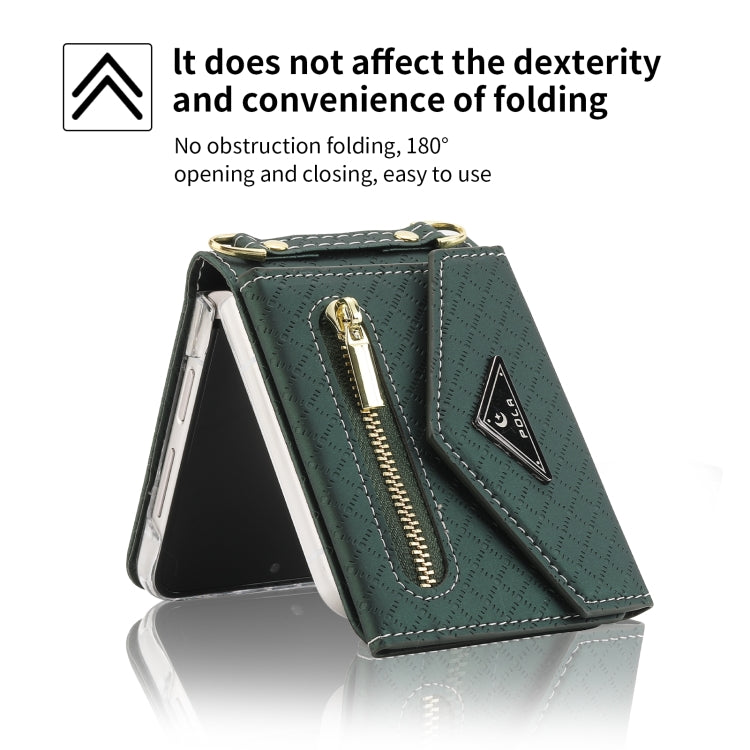 For Samsung Galaxy Z Flip3 5G POLA Grid Texture Multi-Card Slots Zipper Wallet Phone Case(Green)
