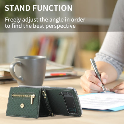 For Samsung Galaxy Z Flip3 5G POLA Grid Texture Multi-Card Slots Zipper Wallet Phone Case(Green)