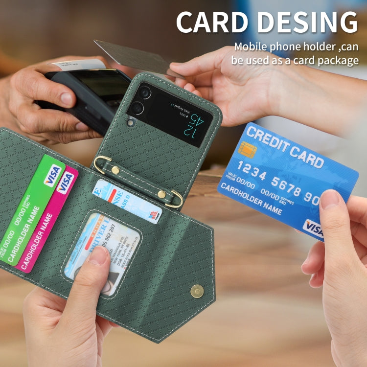 For Samsung Galaxy Z Flip3 5G POLA Grid Texture Multi-Card Slots Zipper Wallet Phone Case(Green)
